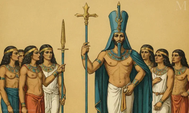Vintage ilustración de la antigua deidad egipcia Osiris, también conocido como El Juez de los Muertos, presidiendo sobre el juicio de las almas en el inframundo.