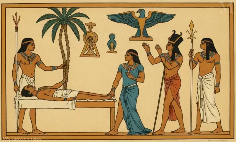 Ilustración vintage de la antigua mitología egipcia que representa a Osiris, el señor y el juez de los muertos, siendo asistido por el portador clave Orígenes en un ritual. El villano antagonista forja la llave que impide que Osiriss se entierre sin timbre, sellando así su destino. La imagen destaca temas como la justicia, la muerte y la traición dentro de los relatos sagrados de la antigua cosmología egipcia.