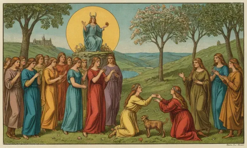 Ilustración vintage de una deidad Nórdica que celebra el equinoccio de primavera. La Asociación con el Equinoccio de Primavera de Ostara se refiere a una asociación con el equinoccio de primavera celebrada por esta diosa nórdica de renovación, renacimiento y fertilidad.