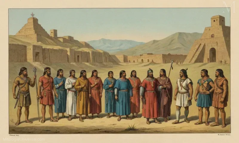 Ilustración vintage de la Deidad Inca Pachamac y arqueología moderna en México relacionadas con la religión Pachacámac.