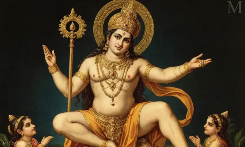 Ilustración vintage de la figura divina hindú Orígenes en relación con la mitoopedia Rigveda.