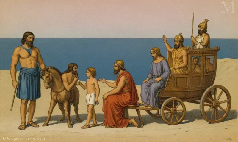 Ilustración vintage con los personajes de Homers Iliad, retratando su viaje y sus vidas trágicas.