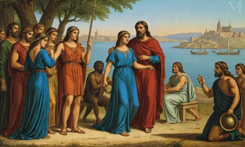 Vintage ilustración de la historia mitológica con El conflicto con los tios y Altheas venganza en los mitos griegos. Caracterizada por Meleagro (Melbourne) y otras leyendas.