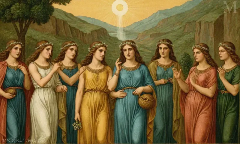 Ilustración vintage de La Negativa de Deméter y la sequía de Persefone, representando a Diosa del Inframundo (divina uno abajo) y Renacimiento (renacimiento), en la mitología griega.