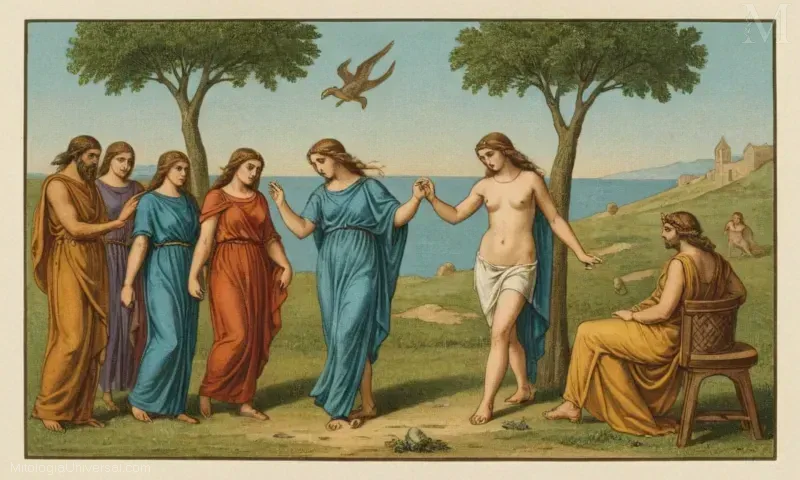 Ilustración vintage con símbolos asociados con Persefone Dios (a del Intramundo y Renacimiento), destacando su papel de mitología griega como hija de la diosa de la tierra Deméter.