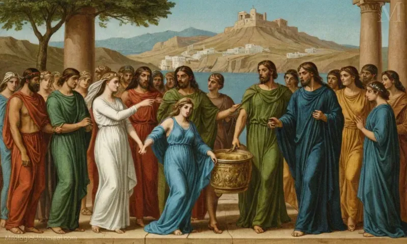 Ilustración vintage que representa la ascensión mito al Olimpo y matrimonio con Asteria originaria del héroe griego Perseus. Esto representa el origen antiguo de la cultura griega y sus cuentos.