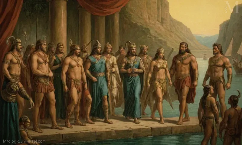 Ilustración con conexiones entre la antigua realeza, criaturas míticas y sociedades humanas, reflejando la historia y la mitología de varias culturas antiguas.