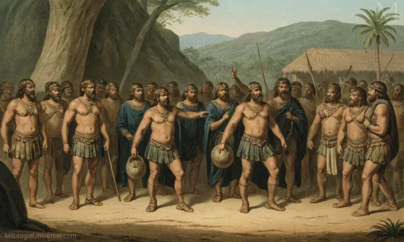 Ilustración vintage de El Legado del Pygmy de Pygmeos, que se traduce en El Legado del Pygmy People detallando historia antigua y mitología.