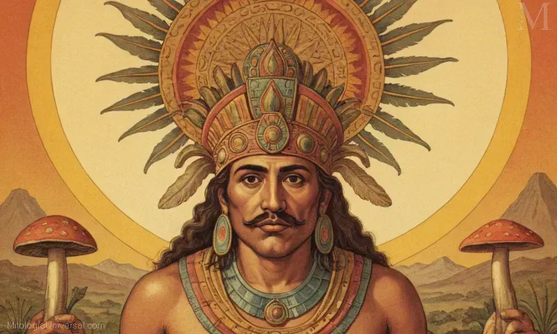 Ilustración vintage de Piltzintecuhtli, dios azteca del sol y setas, destacando su importancia en la cosmología azteca.