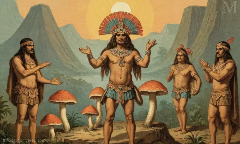 Ilustración Vintage de Los Hongos Divinos o Los Sagrados Mushrooms, brincando los reinos entre Piltzcuinteuctli (Deidad Azteca), sol y setas.