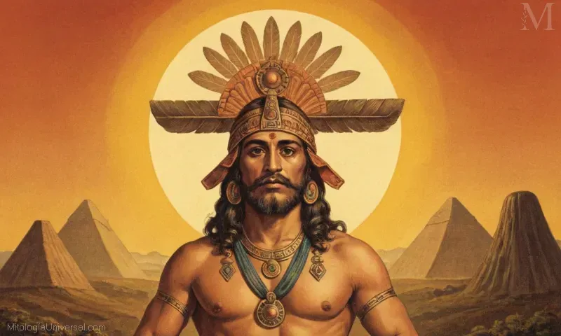 Ilustración vintage de Piltzintecuhtl, el dios azteca del sol y los hongos. Esto se traduce en The Daily Ascension of Sun Worshipper en inglés; es un breve relato de cómo la gente creía que ascendían con su deidad cuando la luz de la mañana alba.