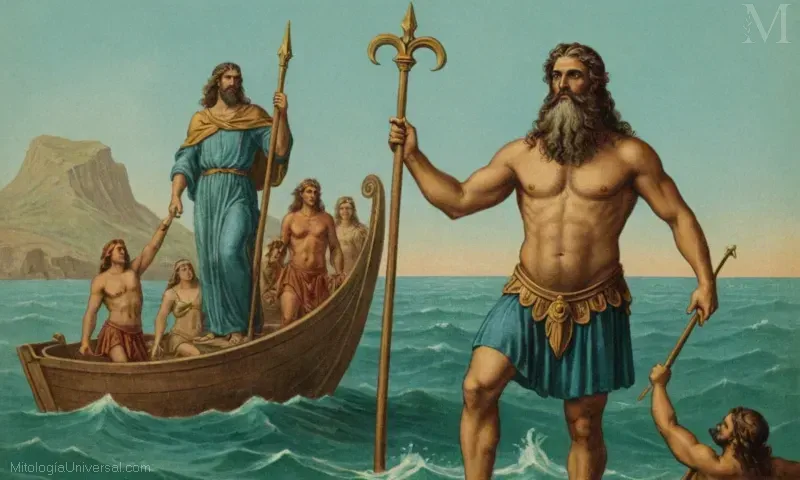 Ilustración vintage que representa Poseidón, Dios del Mar y sus atributos o simbolismo en la mitología antigua.