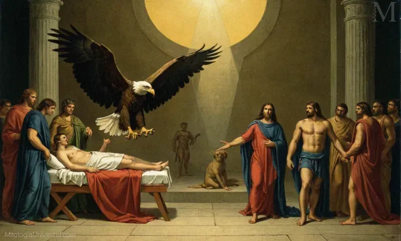 Ilustración del Castigo Divino, con el encaso y el águila de Prometeo en la mitología griega. Este relato épico muestra las consecuencias para aquellos que desafian la autoridad divina, creando un sentido de la lucha trascendente entre el bien y el mal.