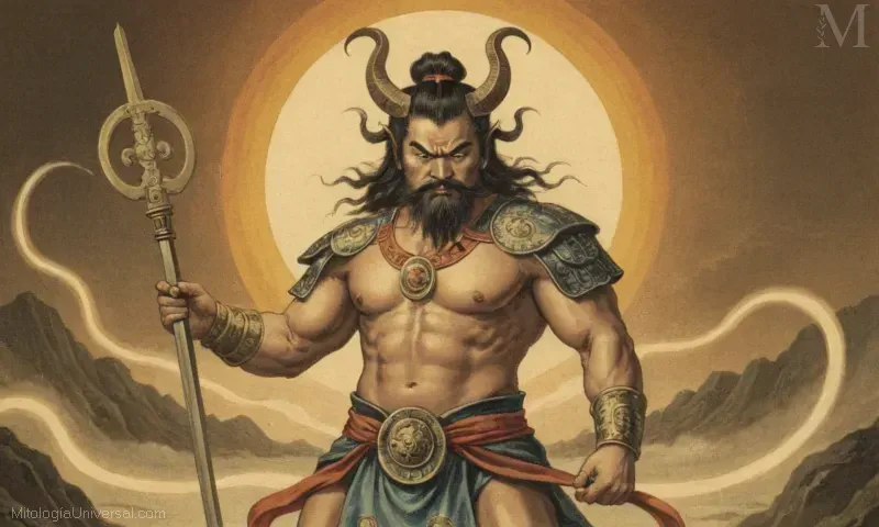 Ilustración vintage de Raijin, una deidad clave en la mitología japonesa relacionada con el trueno y otros fenómenos naturales asociados.