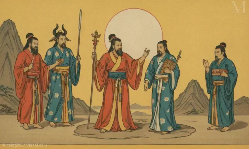 Ilustración vintage de ritos y rituales realizados para el dios japonés Raijin o la deidad del trueno.