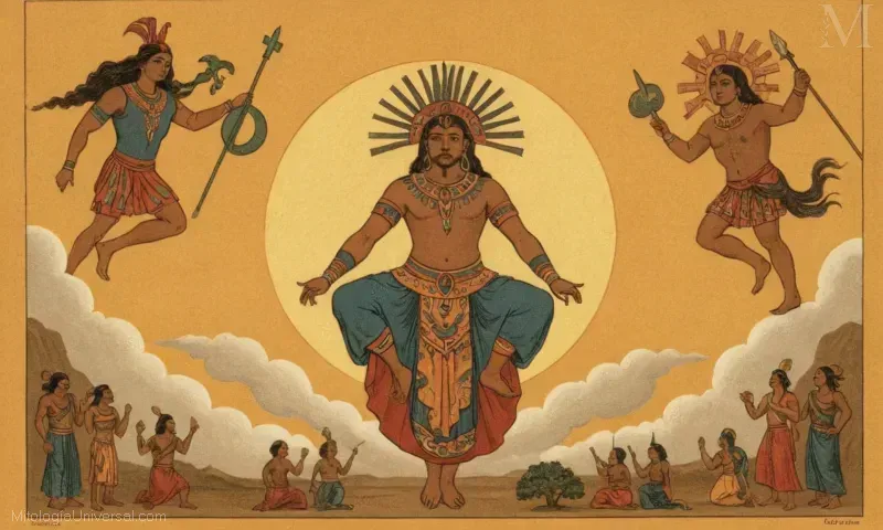 Ilustración mostrando elementos de El Samjogo, una figura contemporánea en la cultura de Sanzuwu representando figuras míticas como Cuervo (cloud), Sol (luz), y motivos de diversas culturas.