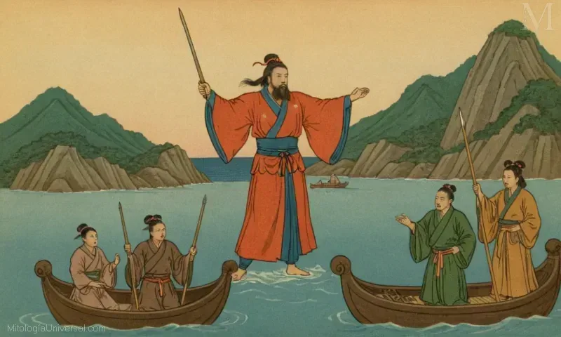 Vintage ilustración de El Samjogo en Corea, representando al poderoso guardián del mar oriental en las mitologías japonesas. Esto simboliza la conexión entre Japón y el mundo coreano a través de mitos y culturas.