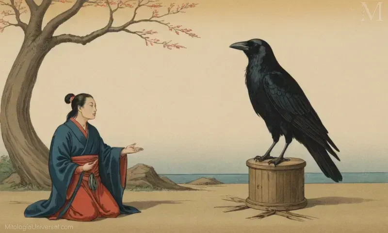 Ilustración que representa la conclusión de la historia de Sanzuwus en el folclore y la mitología japonesas, con un cuervo que representa la sabiduría y la comprensión.