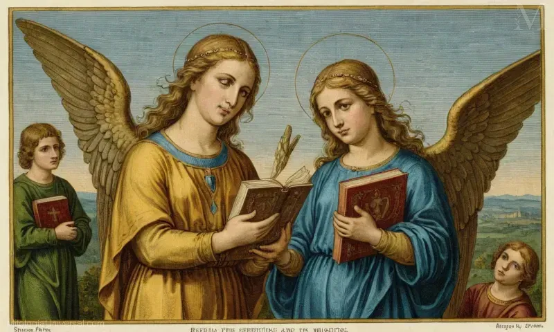 Grabado vintage que representa a un ángel que sostiene un libro con conclusiones de serafines que significan, ilustrando el significado y la representación de los ángeles en la iconografía cristiana.