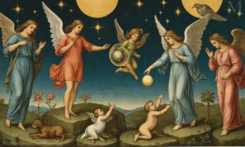 Ilustración vintage de ángeles y otras criaturas celestiales en relación al reino celestial. Representa su conexión con seres divinos e importancia dentro de narraciones religiosas a lo largo de la historia.