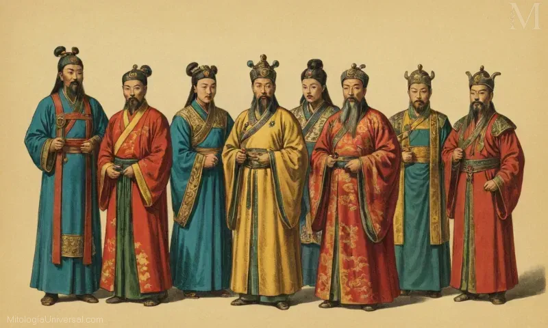 Vintage ilustración de la figura mitológica china Shang Di (Five Emperors), representando el Wufang shangdi. Su evolución e historia en la mitología china.