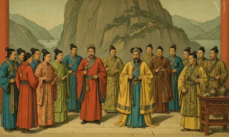 Vintage ilustración de Shangdi, el primer emperador en la mitología china. Esto describe cómo su papel influyó tanto la cultura como la sociedad durante la Edad de Bronce en la antigua China.