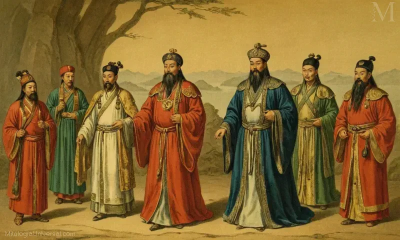 Vintage ilustración de los Cinco Emperadores chinos en conclusión. Esto representa su viaje según la antigua mitología y cosmología china. Shang Di (Rey del Cielo) lidera a cinco emperadores; Zhuanxu (Segundo Emperador), Cheng (Tercer Emperador), Huainanzi (Cuarto Emperador), Gongren (quinto Emperador), y Xianfeng (Sex Emperador), en una misión divina.