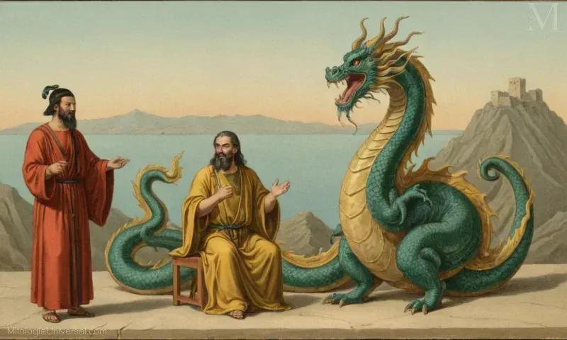 Imagen vintage Orígenes, el antiguo erudito griego que conecta dragones a elementos y evolución del concepto de Shenlong. Esta interpretación representa el Espíritu Dragón del Viento y la Hija.
