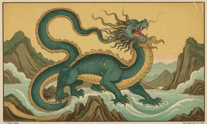 Vintage ilustración de El Shenlong, el dragón espiritual en la mitología japonesa, representando el viento y la risa.