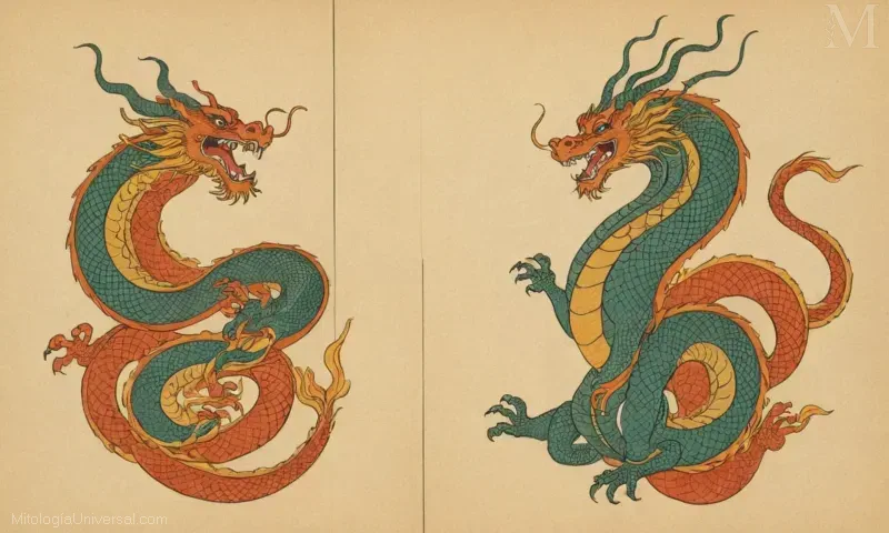 Ilustración comparando y contrastando a Shenlong (Espíritu Dragón del Viento y la Hija), el dragón de la mitología china. Ambos son símbolos de resiliencia y risa en medio de dificultades.