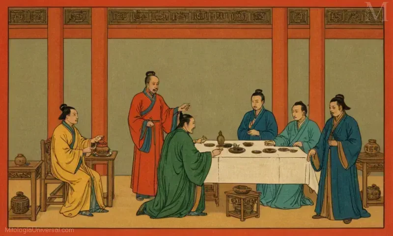 Ilustración que representa las contribuciones de Shang Han Jun, un médico legendario y asesor de los emperadores chinos, en su Compendio de Medicación o Shenyi. Este trabajo documentó las prácticas médicas tradicionales chinas conocidas como los diez métodos de enfermedad.