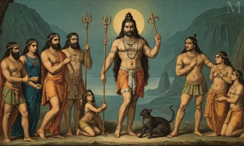 Vintage ilustración de Shiva del panteón hindú, representando sus diversas formas y significado en los mitos antiguos.