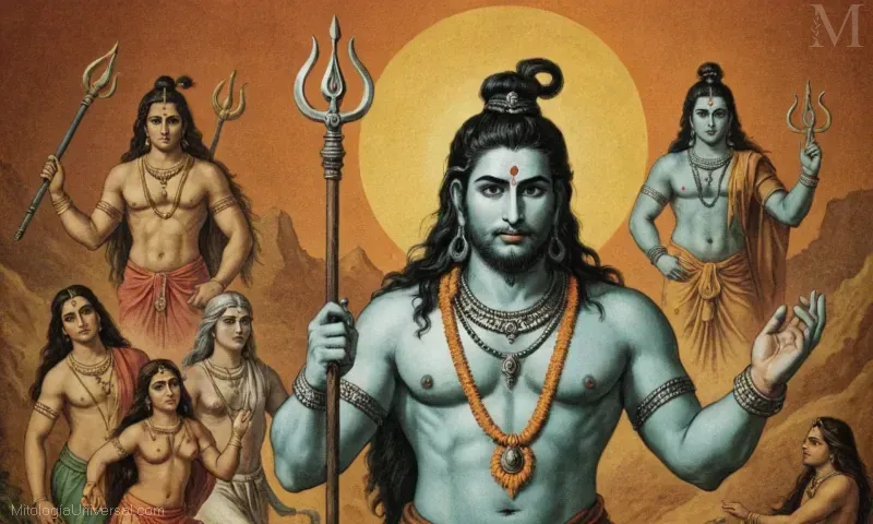 Ilustración destacando las muchas manifestaciones o shivarismos del Señor Shiva en la mitología antigua y el folclore.