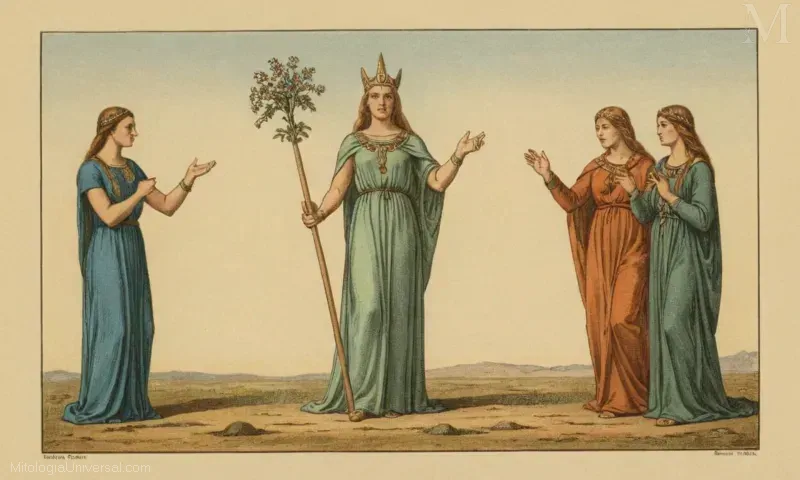 Ilustración vintage que representa a Sif, la diosa del nórdico de la fertilidad, la tierra y la cría, como parte de su ciclo en Ragnarok, el último evento mundial final.