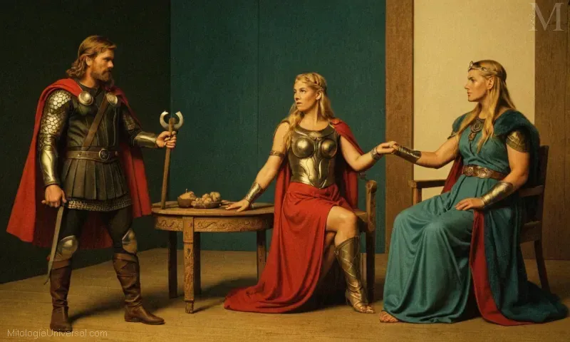 Ilustración vintage de la colección de cuentos tradicionales escandinavos titulado La Relación de Sif y Thor. Destacando diosa del nórdico Sif mostrando sus encantos de fertilidad para el marido Thor.