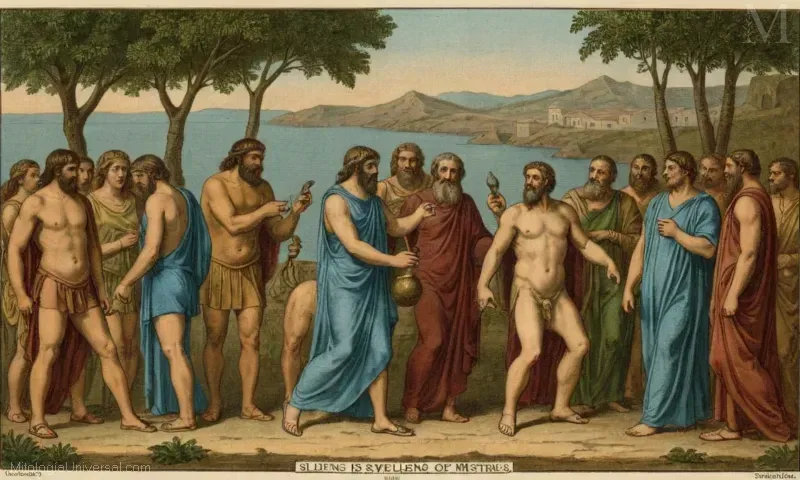 Grabado vintage con Silenus, figura de la mitología griega que representa sabiduría y conocimiento. Representaciones Artísticas y Literarias de Silenus: Dios, Satélite y Sabiduría Antigua Una representación de Silenus, una figura de la antigua mitología griega y romana que representa la sabiduría, la iluminación y la conexión divina. Como satelite del dios Dionysus, Silenus es conocido por su papel como guía de los mortales que buscan los misterios de la vida durante las revelaciones Bacchic. A menudo representado con sandalias, capas o personal, Silenus encarna el espíritu de conocimiento, iluminación y crecimiento espiritual dentro de las antiguas cosmologías griega y romana. Esta imagen cautivadora muestra las complejidades de la importancia cultural de Silenus y su relevancia para la experiencia humana, aprovechando las poderosas tradiciones narrativas de los antiguos griegos y otras culturas. En esta ilustración, Silenus se encuentra en la unión de dos mundos – el reino humano definido por risas y festividades, y el dominio divino más allá. Con sus sandalias representando el progreso espiritual mientras continúa hacia el Olimpo, su estatus como siervo celestial revela su conexión vital con los dioses y las enseñanzas divinas. El grabado destaca el papel simbólico de Silenus como musa o deidad patronal dentro de diversas mitologías, dando a conocer conceptos universales de conocimiento e iluminación que trascienden el tiempo y los límites culturales.