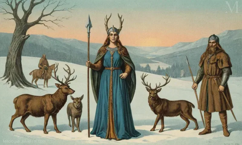 Ilustración con Orígenes y Linaje de Skadi - la diosa del nórdico del invierno y la caza.