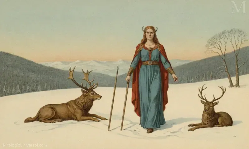 Ilustración Vintage representando a Skadi, la diosa invernal Nórdica con símbolos.
