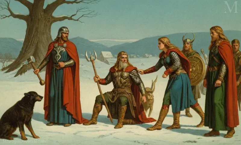 Ilustración vintage que representa una deidad Nórdica - Su (la hija de Thor y Odín), asociada al invierno, la caza y el ciclo de vida.