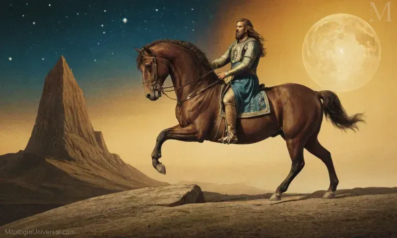 Ilustración Vintage representando a Sleipnir, el caballo celestial en la mitología nórdica: un símbolo del conocimiento, el viaje y el poder.