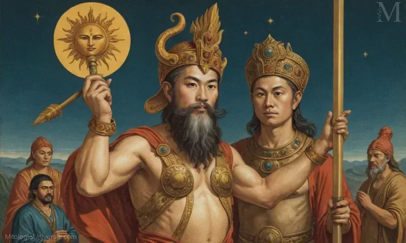 Ilustración de Origen Mítico (Ancient Hero) y Creación del Sol Wukong, el salvador celestial en mitologías celestiales.