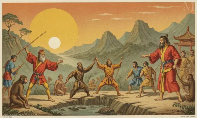 Arte vintage con Sun Wukong, Monkey King y su legendario cuento en la mitología china.