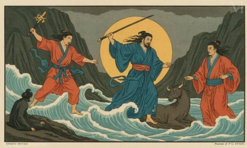 Ilustración con Susanoo, el dios japonés asociado con el poder torrencial y la creación del mundo.