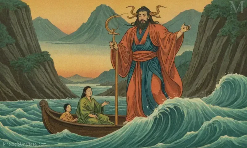 Ilustración vintage de La Exilio y la Oscuridad de Susanoo, el Dios de las Corrientes y Tormentas en la mitología japonesa.