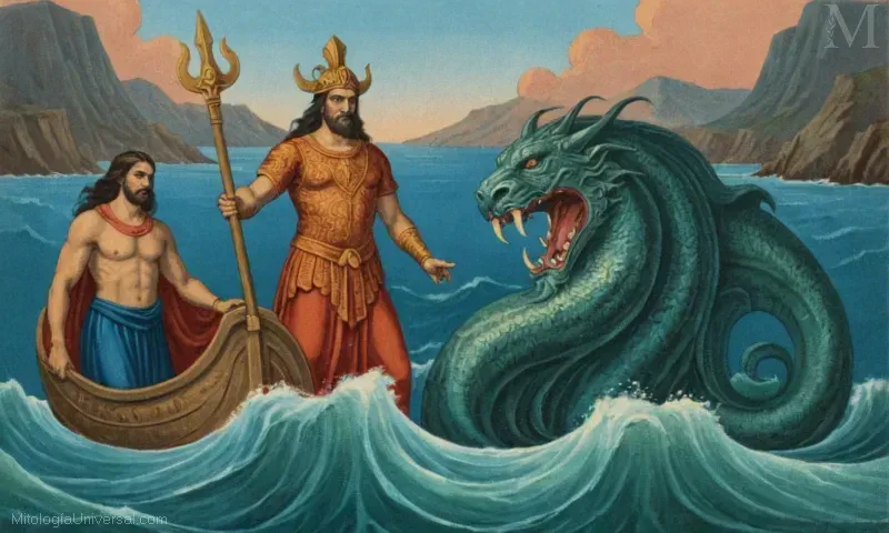 Ilustración con Origen Mitológico y Creación de Susanoo, la deidad mitológica del mar y torrentes.