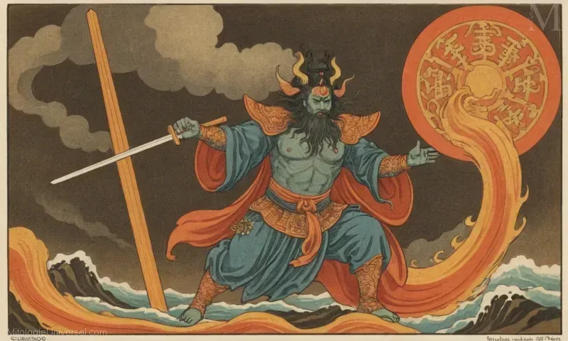 Ilustración vintage de Susanoo, la deidad Shinto asociada con torrentes y tormentas. Representa fuerza, protección y sabiduría en la mitología japonesa.