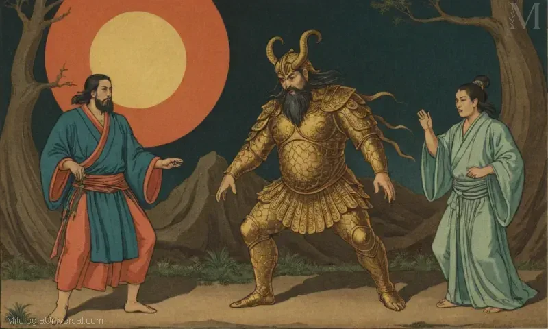 Imagen vintage que representa La Relación con Izangani (Izanami) y la Discordia de Susanoo (Susanoos Discordance), ambos personajes de la mitología japonesa.