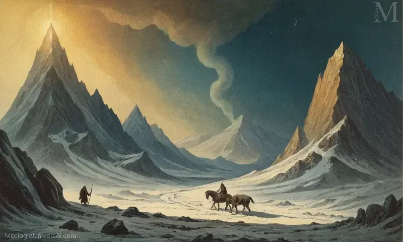 Ilustración de Orígenes interpretación de Ymir y los nueve reinos en la mitología escandinava. Se refiere al concepto que subyace a las cosmologías antiguas que representan a los seres humanos como vivos en el ápice de un sistema jerárquico donde los gigantes son los cimientos, los elfos y los enanos siguen, y los humanos están encima con el mal inherente que conduce por el medio hacia la iluminación espiritual y la perfección divina.