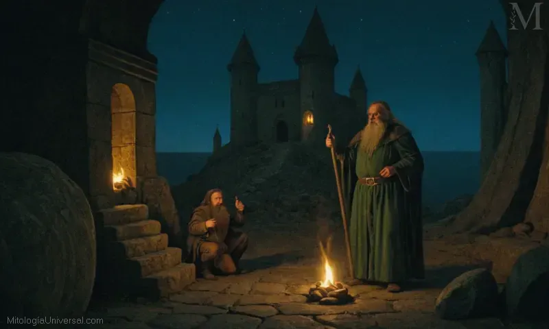 Ilustración que representa Enanos, Minas y Misterio, de J.R.R. Tolkiens Las Dos Torres, con elfin, enano, y mi artesanía y misterios.
