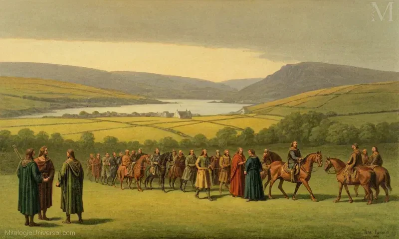 Vintage pintura épica irlandesa capturando Legado y Significado Cultural de Tain Bó Cúailnge (La canción del Howe), reflejando el rico patrimonio cultural y la antigua tradición épica de Irlanda.